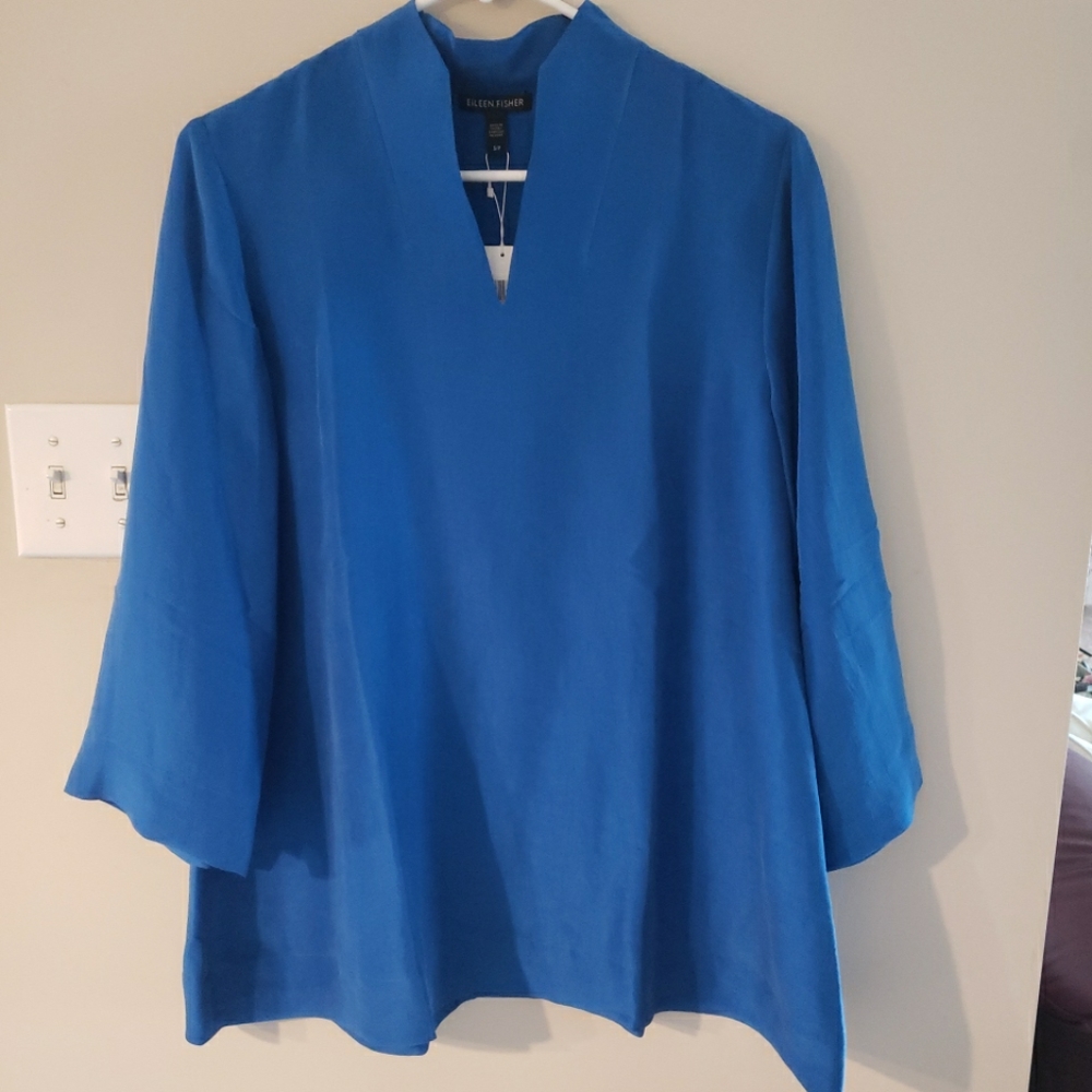 Eileen Fisher Catalina Blue Dupioni Silk High Collar Tunic Top Size S/P NWT
